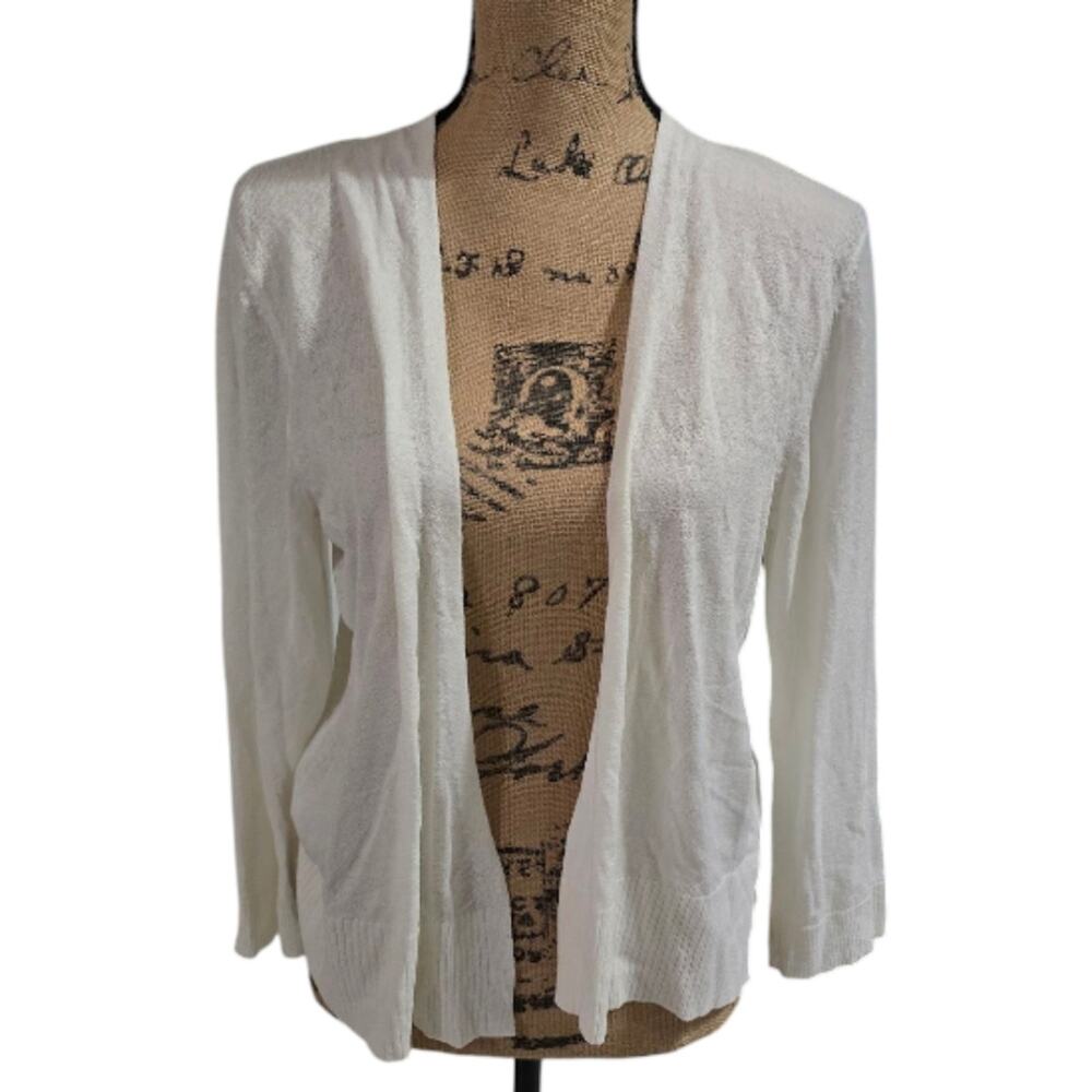 Cable & Gauge Lightweight Waterfall White Open Front Cardigan Size Large‎ New